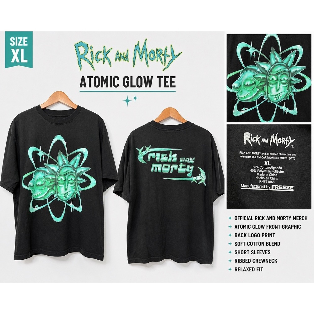 Rick and Morty Atomic Glow Graphic T-Shirt Men's XL Black Cartoon Network Front